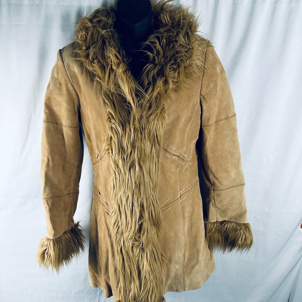 Mixit Vintage Shaggy Afghan Faux Fur Collar & Trim Suede Patchwork Jacket
